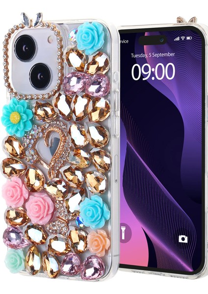 iPhone 15 Plus ve 14 Plus Uyumlu Aynalı ve Güllü Altın Rengi Taş Döşemeli Ultra Premium Kılıf