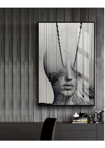 |siyah Beyaz Soyut Abstract Kadın 2 |çerçeveli Temperli Cam Tablo Tekli Dikey