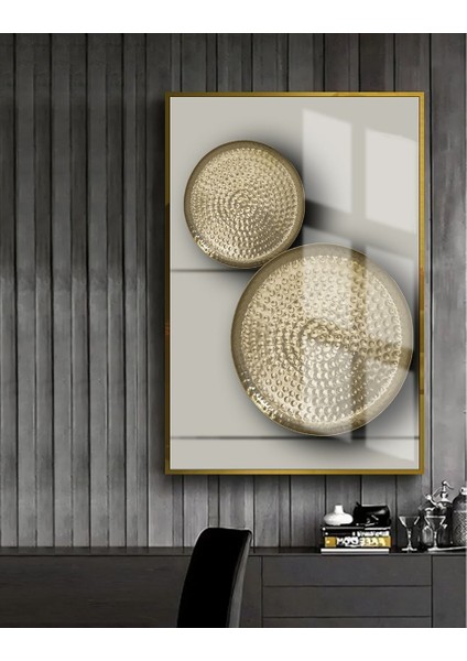 gold-Gri Yuvarlak Desenli Model |çerçeveli Temperli Cam Tablo Tekli Dikey