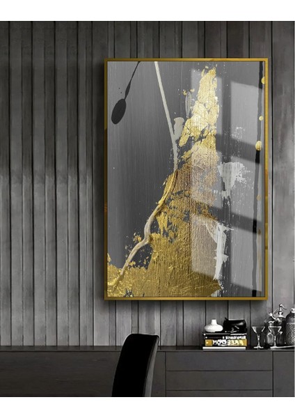 gold-Siyah Soyut Model 1 |çerçeveli Temperli Cam Tablo Tekli Dikey