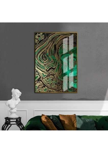 |yeşil-Siyah-Gold Abstract Model I 1|çerçeveli Temperli Cam Tablo Tekli Dikey