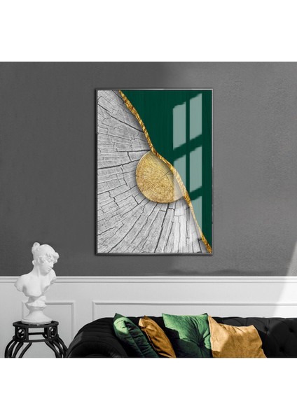 gri-Yeşil-Gold Etnik Soyut Modeli 3 |çerçeveli Temperli Cam Tablo Tekli Dikey