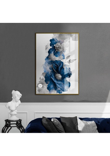 mavi-Gri-Gümüş Kabartmasız Çiçek Modeli |çerçeveli Temperli Cam Tablo Tekli Dikey