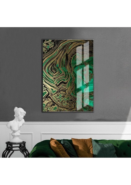 yeşil-Siyah-Gold Abstract Model I 1|çerçeveli Temperli Cam Tablo Tekli Dikey