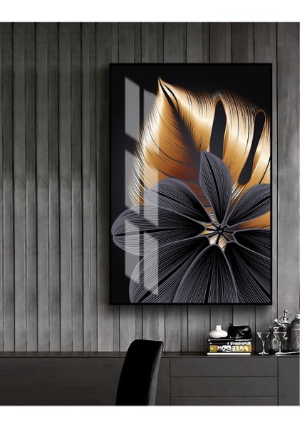 gold-Siyah Sevilen Soyut Çiçek Kombini 2 |çerçeveli Temperli Cam Tablo Tekli Dikey