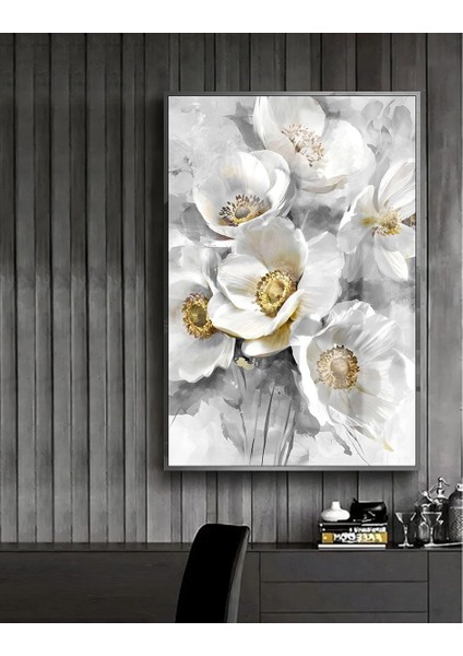 gri-Gold-Beyaz Çiçek Buketi Model 1 |çerçeveli Temperli Cam Tablo Tekli Dikey