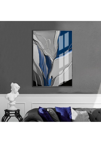 mavi-Gri-Gümüş Kabartmasız Soyut Model 5 |çerçeveli Temperli Cam Tablo Tekli Dikey