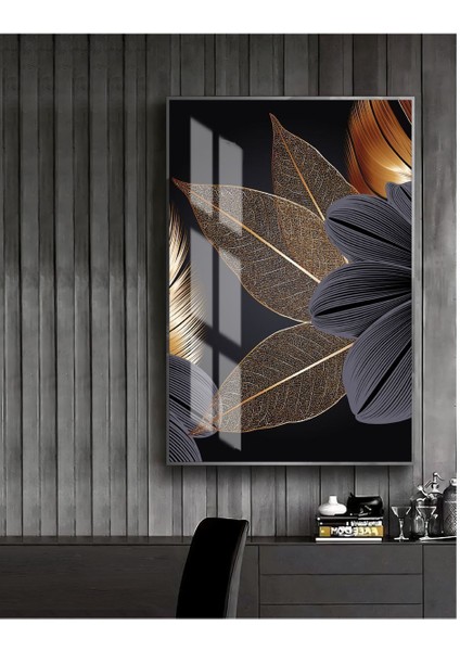 gold-Siyah Sevilen Soyut Çiçek Kombini 3 |çerçeveli Temperli Cam Tablo Tekli Dikey