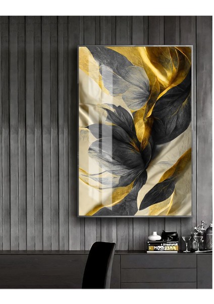 gold-Siyah Sevilen Soyut Şekil 7 |çerçeveli Temperli Cam Tablo Tekli Dikey