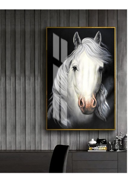 siyah-Beyaz Sevilen Beyaz At Tablosu 1 |çerçeveli Temperli Cam Tablo Tekli Dikey