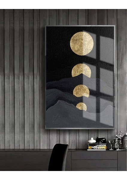 siyah-Gold Soyut Abstract Ay-Month |çerçeveli Temperli Cam Tablo Tekli Dikey