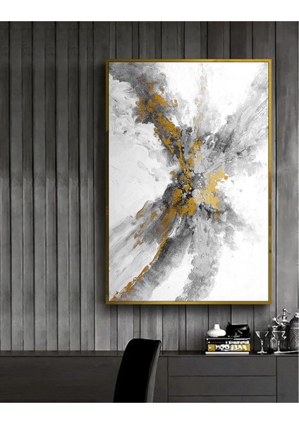 |gri-Gold-Beyaz Soyut Model 2 |çerçeveli Temperli Cam Tablo Tekli Dikey