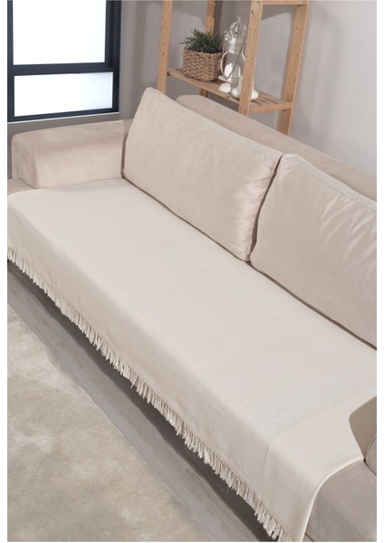 Ekru Pamuklu Koltuk Örtüsü 115X200 Önden Saçaklı Çizgili Desenli fiyatları