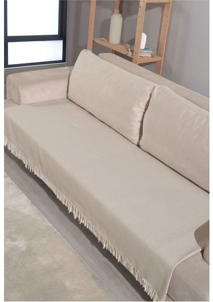 Açık Bej Pamuklu Koltuk Örtüsü 115X220 Önden Saçaklı Çizgili Desenli