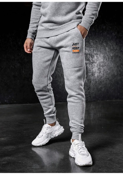 Erkek Kışlık Gri Eşofman Altı Dar Paça Slim Fit Jogger Iki Iplik Baskılı