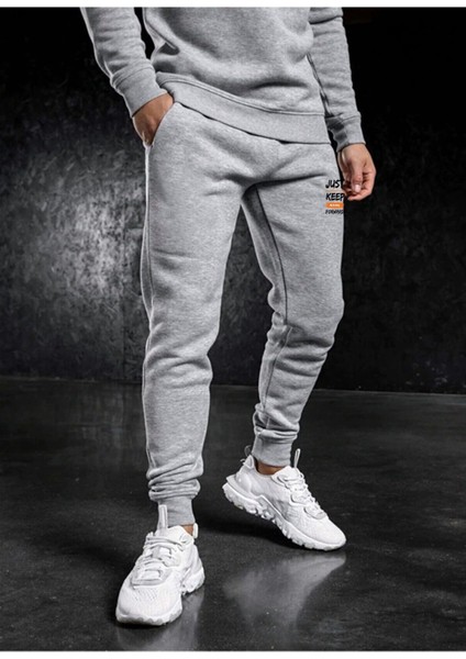 Erkek Kışlık Gri Eşofman Altı Dar Paça Slim Fit Jogger Iki Iplik Baskılı