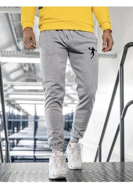 Erkek Yazlık Gri Eşofman Altı Pamuklu Baskılı Dar Paça Jogger