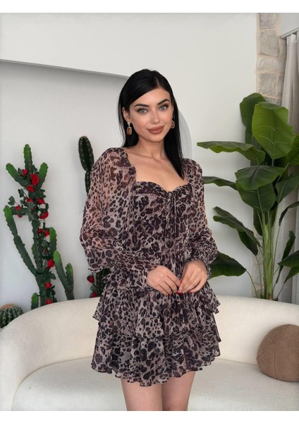 Leopar Gloplu Tasarım Şifon Mini Elbise fırsatları