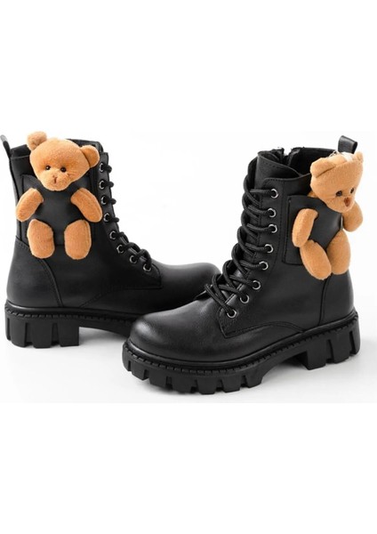 Siyah Kız Çocuk Su Geçirmez Garantili Anatomik Kalın Taban Ayıcık Aksesuarlı Bağcıklı Fermuarlı Bot