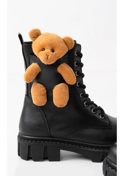 Siyah Kız Çocuk Su Geçirmez Garantili Anatomik Kalın Taban Ayıcık Aksesuarlı Bağcıklı Fermuarlı Bot modelleri