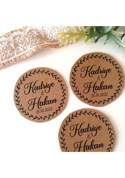 Yapraklı Kraft Etiket/ Söz Nişan Nikah Hediyelik Etiketi / Kraft 50 Adet 4 cm