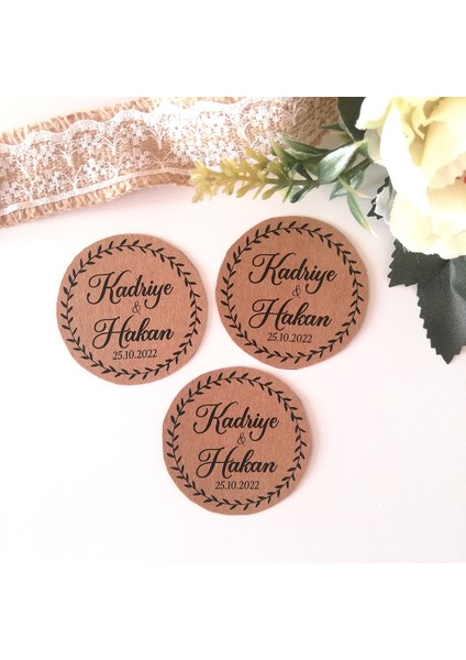 Yapraklı Kraft Etiket/ Söz Nişan Nikah Hediyelik Etiketi / Kraft 50 Adet 4 cm