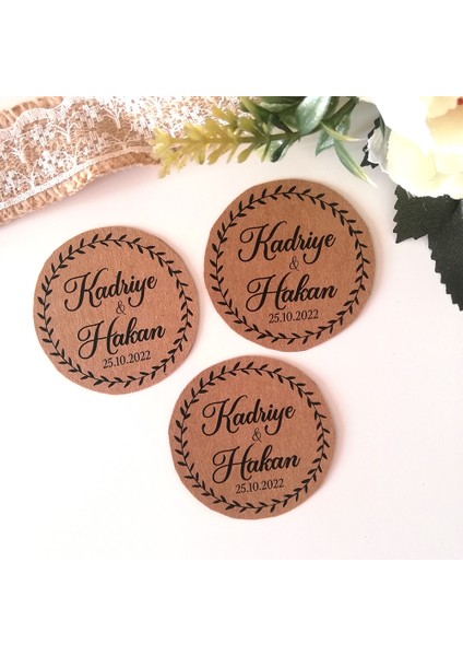 Yapraklı Kraft Etiket/ Söz Nişan Nikah Hediyelik Etiketi / Kraft 50 Adet 4 cm