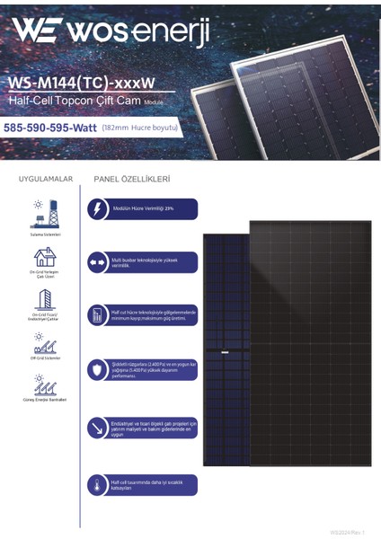 Wos Enerji Güneş Paneli Half-Cut 585W Watt Topcon Çift Cam Solar Panel (Çift Yönlü)