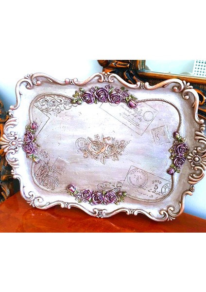 Gül Çiçek Yaprak Dekorlu 42CM Tepsi Silikon Kalıp K-709
