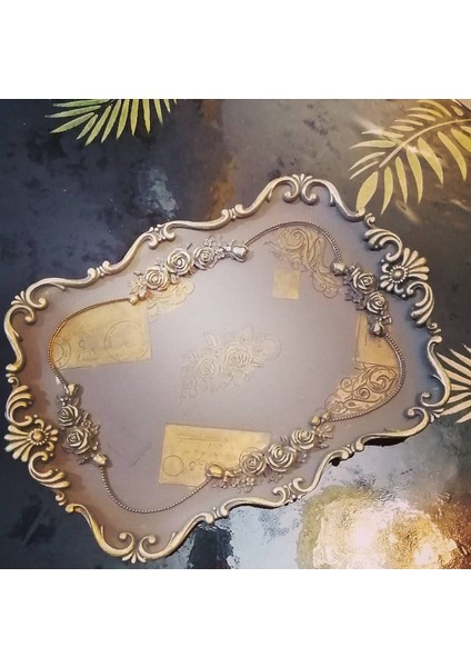 Gül Çiçek Yaprak Dekorlu 42CM Tepsi Silikon Kalıp K-709