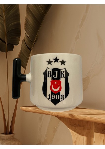 "beşiktaş"baskılı Çift Taraf Yazılı Kupa Bardak (Siyah Kulp)