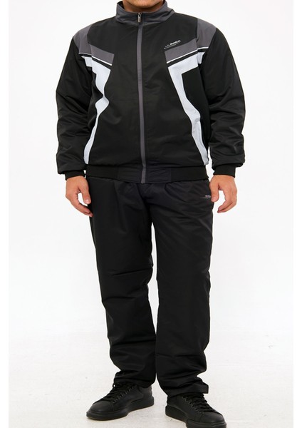 Erkek Siyah Yarım Balıkçı Yaka Düz Paça Maraton Büyük Beden Eşofman Takımı EDY2637B-S