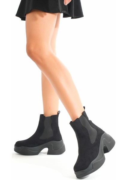 FZ-2400 Siyah Süet Yüksek Tabanlı Lastikli Günlük Kadın Bot