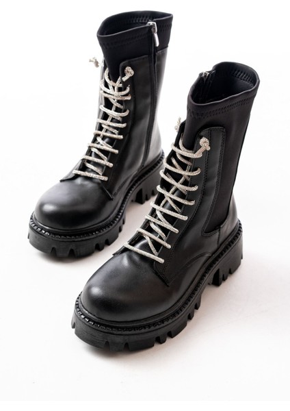 868-2006 Siyah Düz Topuklu Bağcıklı Fermuarlı Günlük Kadın Bot fırsatları