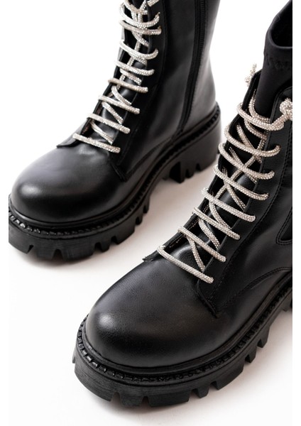 868-2006 Siyah Düz Topuklu Bağcıklı Fermuarlı Günlük Kadın Bot indirimleri