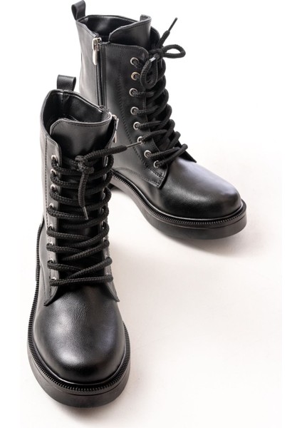 02-356 Siyah Düz Topuklu Bağcıklı Fermuarlı Günlük Kadın Bot modelleri