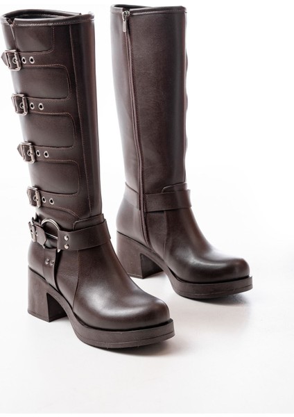 5109-3015 Kahverengi Topuklu Fermuarlı Toka Aksesuarlı Günlük Kadın Çizme fırsatları