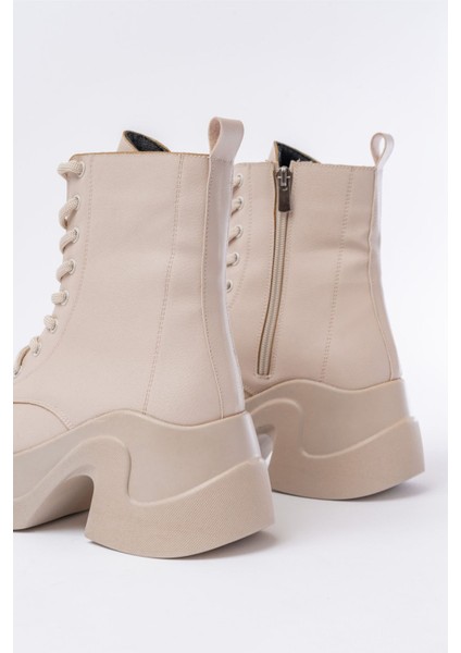 FZ-2550 Bej Yüksek Tabanlı Bağcıklı Fermuarlı Günlük Kadın Bot modelleri