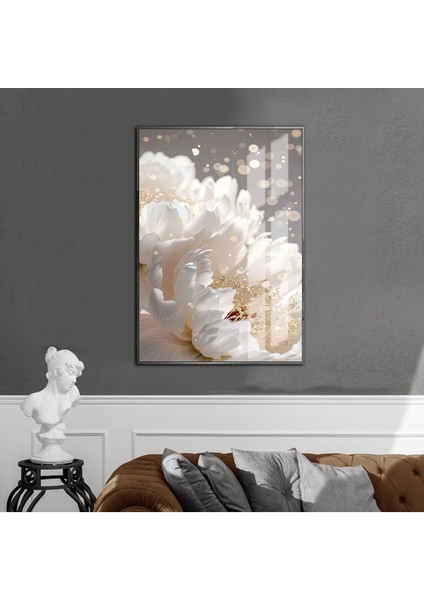 soft Bej Ekru Püsküllü Çiçek 3|çerçeveli Temperli Cam Tablo Tekli Dikey