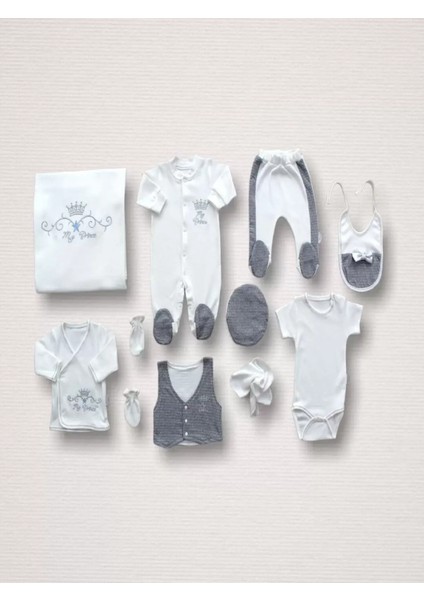 Süper Prens Nakışlı %100 Cotton Antibakteriyel 10LU Zıbın Takımı Hastane Çıkışı Gri
