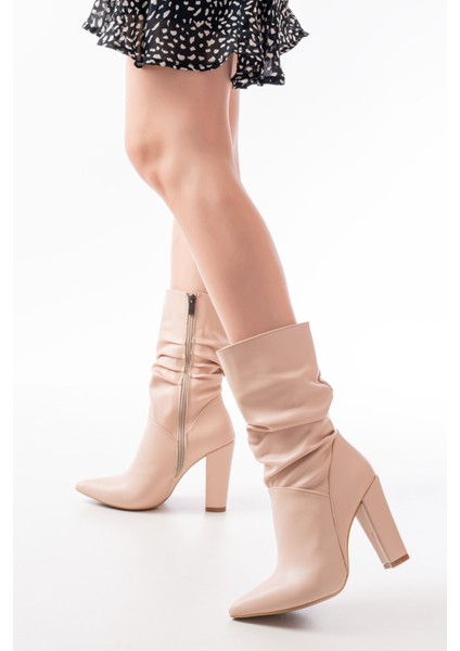 VRT-4815 Bej Yüksek Kalın Topuklu Körüklü Fermuarlı Kadın Bot modelleri