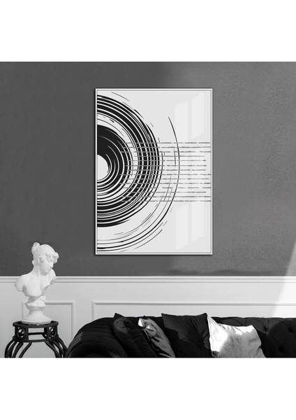 siyah-Beyaz Soyut Sppiral Model 3 |çerçeveli Temperli Cam Tablo Tekli Dikey