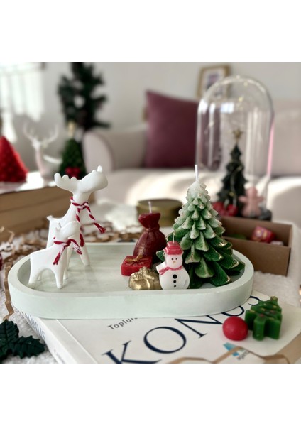 Yılbaşı Mum ve Biblo Seti 8 Parça Sunum Tabaklı Çam Ağaçlı Geyikli Kardan Adamlı - Yılbaşı Hediyesi fiyatları