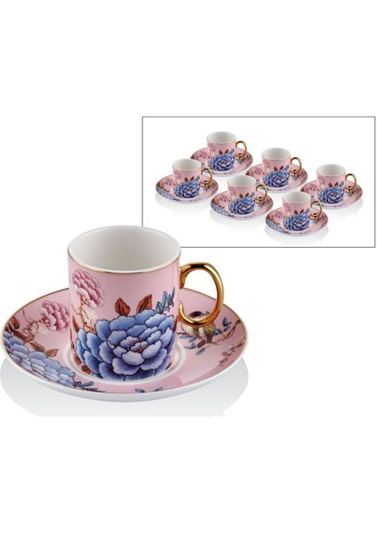 Floral Pink Porselen 12 Parça 6 Kişilik Kahve Fincan Takımı