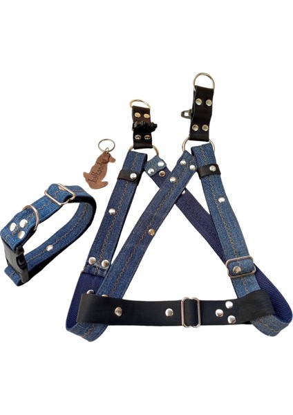 Köpek göğüs tasması boyun tasmalı takım orta ırk kot zımbalı göğüs ölçüsü:40-75cm boyun ölçüsü:L.35-46cm ayarlamalı/20-40 kg dog harness TB4-9