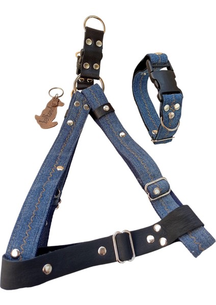 Köpek göğüs tasması boyun tasmalı takım orta ırk kot zımbalı göğüs ölçüsü:40-75cm boyun ölçüsü:L.35-46cm ayarlamalı/20-40 kg dog harness TB4-9 modelleri