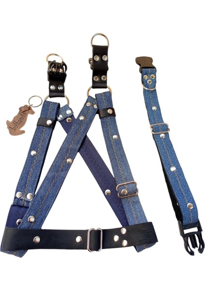 Köpek göğüs tasması boyun tasmalı takım orta ırk kot zımbalı göğüs ölçüsü:40-75cm boyun ölçüsü:L.35-46cm ayarlamalı/20-40 kg dog harness TB4-9 fırsatları