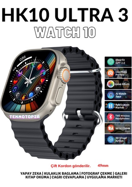 Watch 10 Series HK10 Ultra 3 Amoled Ekran G-Sensör 2.02 Inç Yapay Zekalı Kulaklık Eşleştirmeli Akıllı Saat