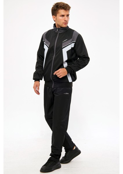 Erkek Siyah Yarım Balıkçı Yaka Düz Paça Boydan Fermuarlı Marathon Eşofman Takımı EDY2637S