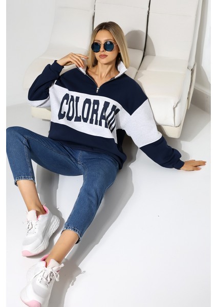 Kadın Colorado Lacivert Oversize Sweatshirt 3 Iplik Şardonlu